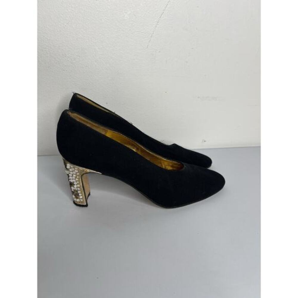 Vtg Zalo Rhinestone Floral Embroidered Heels Black Suede Pump Women’s Size 7.5N